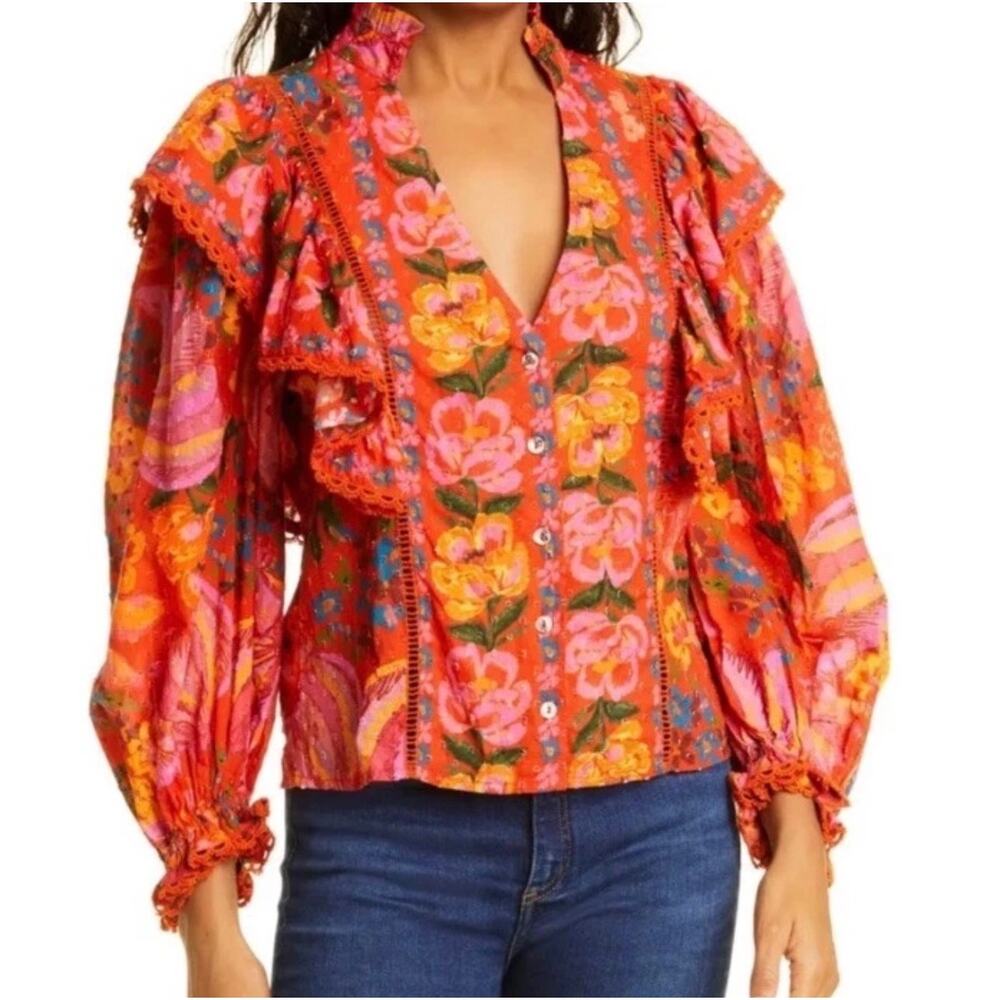 NEW Farm Rio Red Spring Bananas Ruffle Blouse Top Size Small